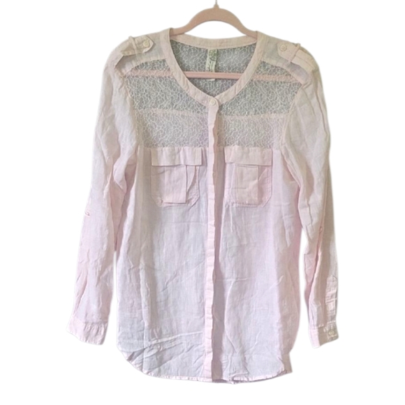 Free People - Pink Button Down Linen Top w Lace Detail - Size L - Picture 1 of 9